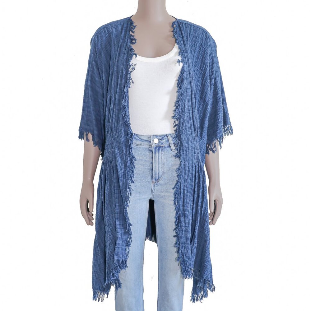 Coldwater Creek Boho Chic Blue Plaid Fringe Cotton Duster Beach Costal‎ Cover Up